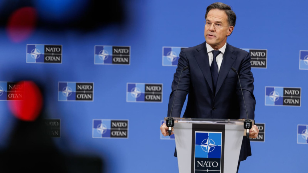 الأمين العام لحلف شمال الأطلسي مارك روته خلال مؤتمر صحفي في بروكسل. (حلف الناتو)