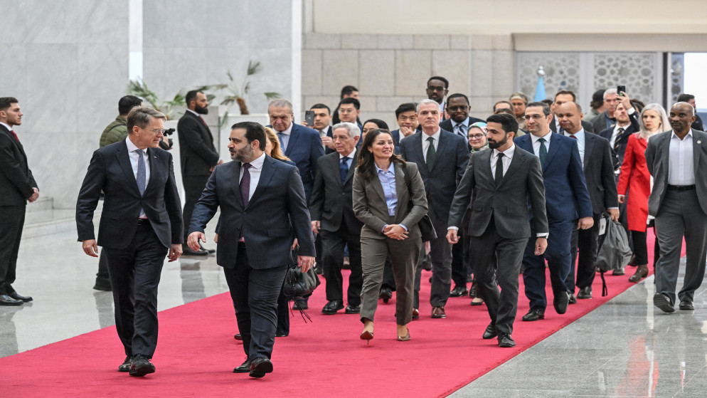 وزير الخارجية السوري أسعد الشيباني في حفل استقبال وفد مجلس الأمن الدولي في القصر الرئاسي بدمشق في 4 كانون الأول 2025. (أ ف ب)