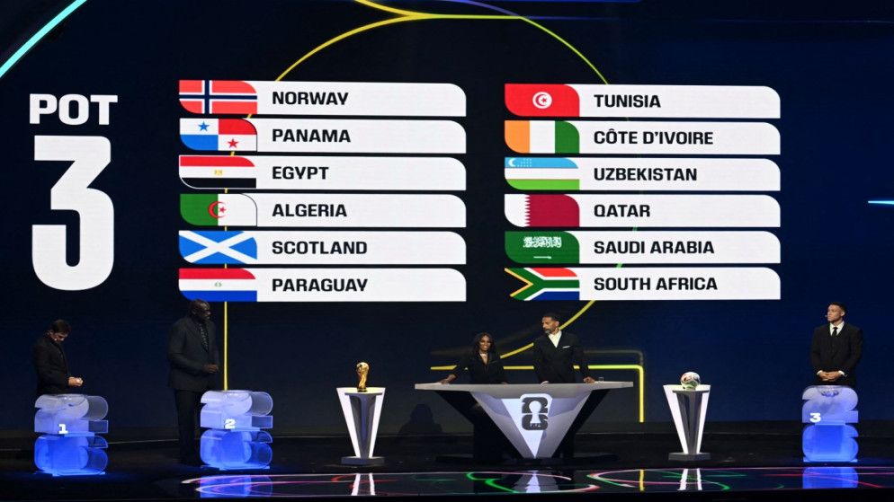 يتم عرض الدول المصنفة في المستوى الثالث على شاشة خلال قرعة كأس العالم لكرة القدم 2026 التي تقام في الولايات المتحدة وكندا والمكسيك، في مركز كينيدي في واشنطن العاصمة، في 5 ديسمبر 2025. (أ ف ب)