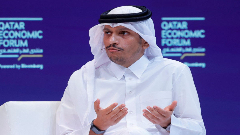 رئيس مجلس الوزراء وزير الخارجية في دولة قطر الشيخ محمد بن عبد الرحمن آل ثاني يتحدث في المنتدى الاقتصادي القطري. الدوحة. 20 مايو 2025. (أ ف ب)