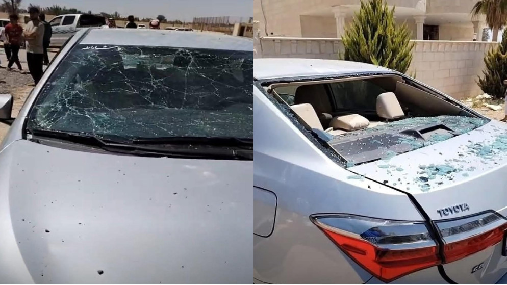 صور متداولة لأضرار لحقت بمركبة في الأزرق نتيجة سقوط مسيّرة. (متداول)