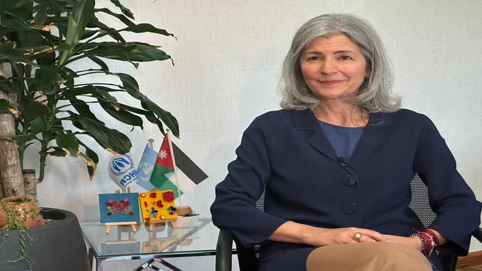 ممثلة المفوضية السامية للأمم المتحدة لشؤون اللاجئين ماريا ستافروبولو خلال مقابلة مع قناة المملكة. (فراس الشوبكي/ المملكة)