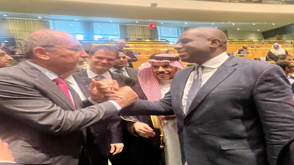 نائب رئيس الوزراء وزير الخارجية وشؤون المغتربين أيمن الصفدي مع نظيره البريطاني ديفيد لامي في الجمعية العامة للأمم المتحدة.