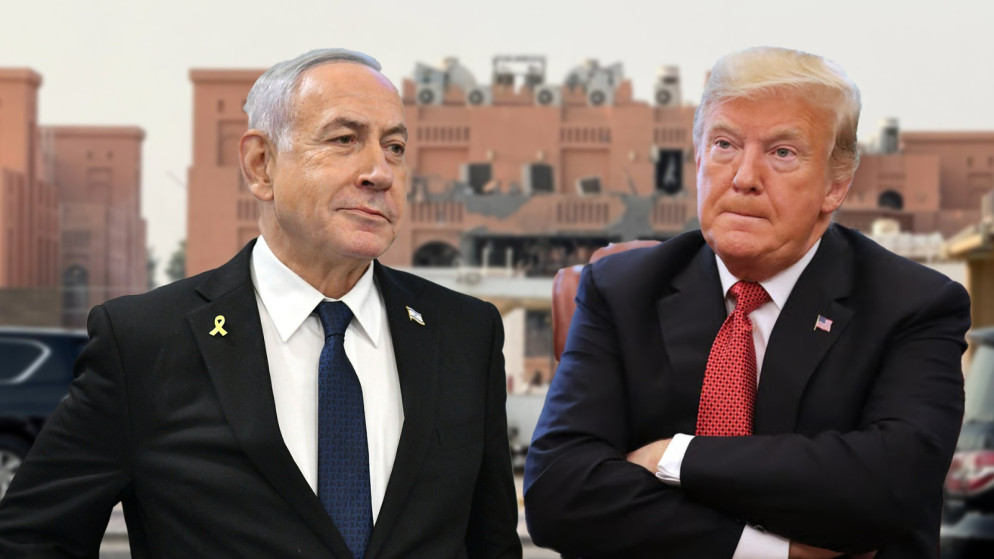 الرئيس الأميركي دونالد ترامب ورئيس الوزراء الإسرائيلي بنيامين نتنياهو، وخلفهم صور للموقع الذي استهدفته إسرائيل في الدوحة. (المملكة)