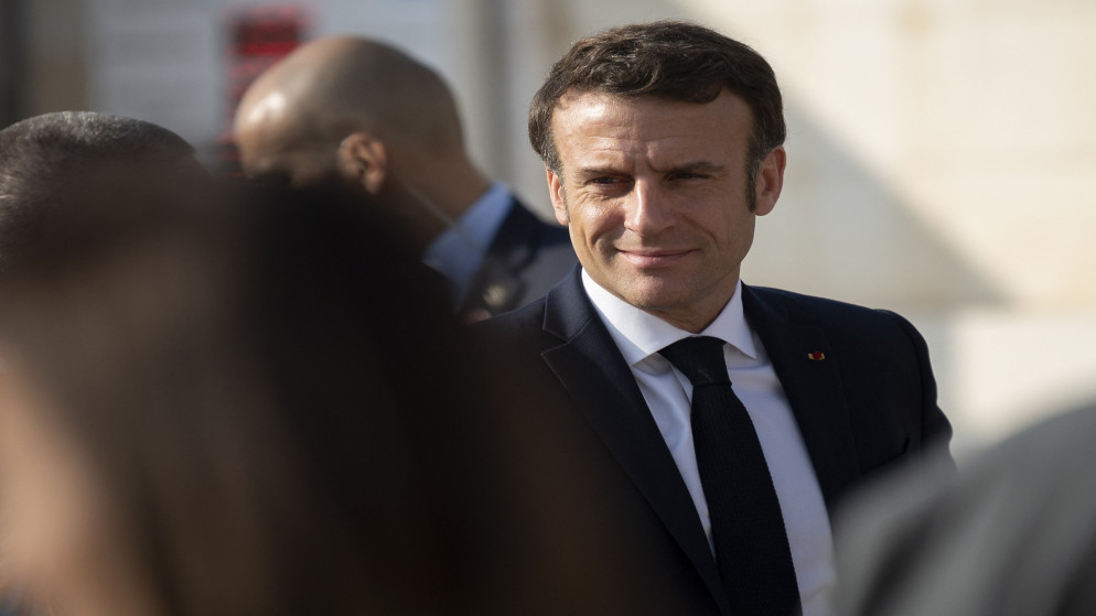 الرئيس الفرنسي، إيمانويل ماكرون يزور مدينة جرش الأثرية. (أف ب) الرئيس الفرنسي، إيمانويل ماكرون يزور مدينة جرش الأثرية. (أف ب)