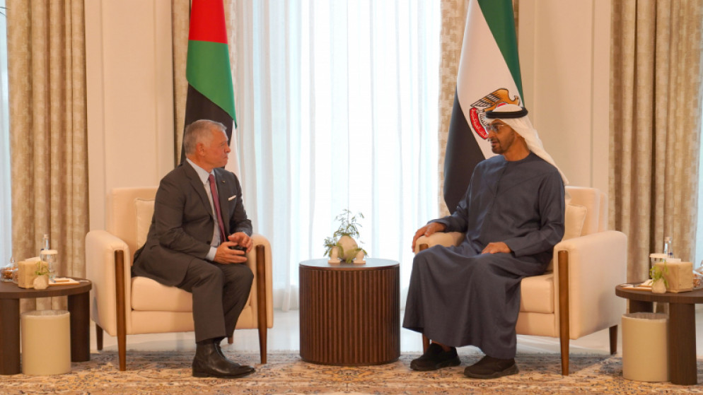 جلالة الملك عبدالله الثاني وسمو الشيخ محمد بن زايد آل نهيان، رئيس دولة الإمارات العربية المتحدة. (الديوان الملكي الهاشمي)