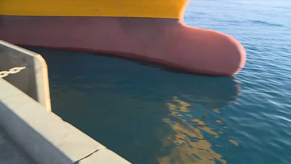 صورة للسفينة التي سقط منها صهريج محمّل بمواد سامة وهي راسية في ميناء العقبة، 27/6/2022 (المملكة)