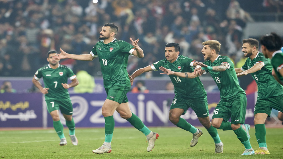 احتفال لاعبي المنتخب العراقي بتسجيلهم هدفا في مرمى اليمن في بطولة كأس الخليج. (اتحاد كأس الخليج العربي لكرة القدم)